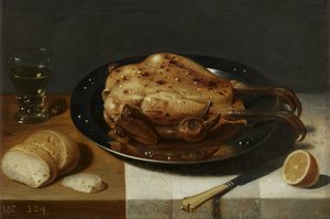 Stilleven met gebraden kapoen door David Rijckaert
